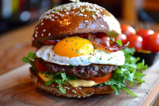 Tasty burger with fried egg, crispy bacon, juicy beef patty, fresh vegetables, and cheese sauce, served on a sesame seed bun