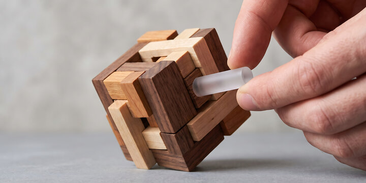 Wooden puzzle cube with interlocking geometric pieces and transparent peg for intricate spatial challenge and brain training leisure game activity design.