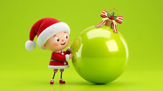 Cute 3d cartoon character wearing a santa hat holding a large green christmas ornament