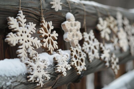 Wooden snowflakes covered with snow hanging on a wooden railing, creating a festive winter atmosphere