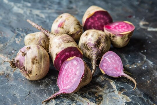 Sliced purple daikon radishes displayed on a textured dark background