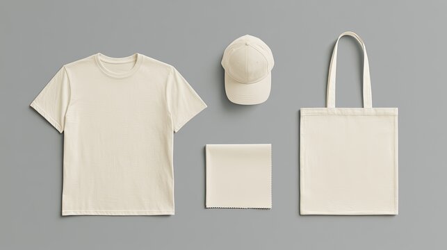 Plain beige apparel mockup t-shirt, cap, square fabric, tote bag