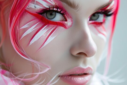 Beautiful woman with artistic pink and white makeup and pink hair posing for beauty portrait