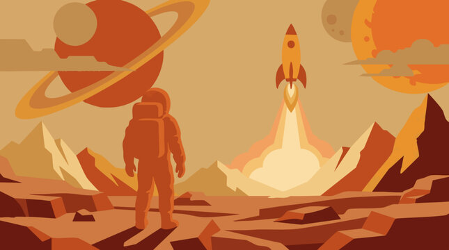 Astronaut on alien planet watching rocket launch in retro flat design