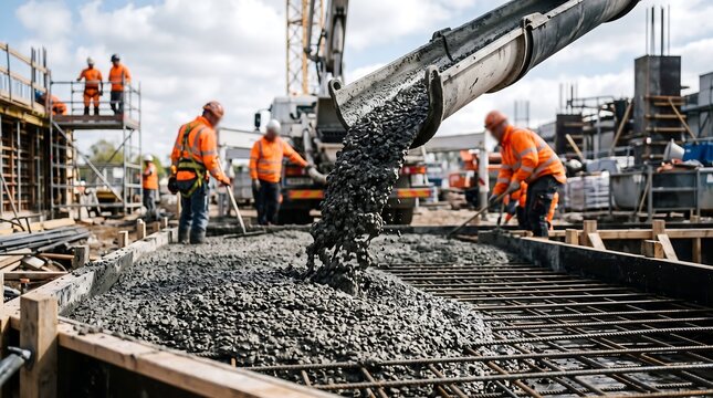 Wet concrete pouring from mixer truck chute onto steel reinforcement mesh on active construction site.