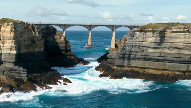 powerful detailed 4K footage shows Atlantic waves crashing against the natural stone bridges of Ross revealing layered rock formations sculpted by the ocean over time presented as a dramatic and