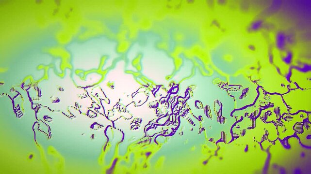 Seamless 3D loop with glitchy neon gradient and liquid ink diffusion, featuring posterized outlines and noisy texture for an abstract psychedelic motion background.