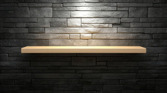 A wooden shelf mounted on a dark brick wall.