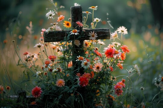 Wildflowers blooming around a wooden cross in a serene natural setting, creating a tranquil and symbolic scene