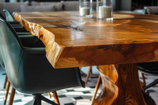 Modern live edge wooden dining table with teal chairs in a contemporary dining room setting