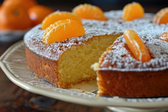 Homemade tangerine cake decorated with icing sugar and tangerine slices, sitting on a cake stand