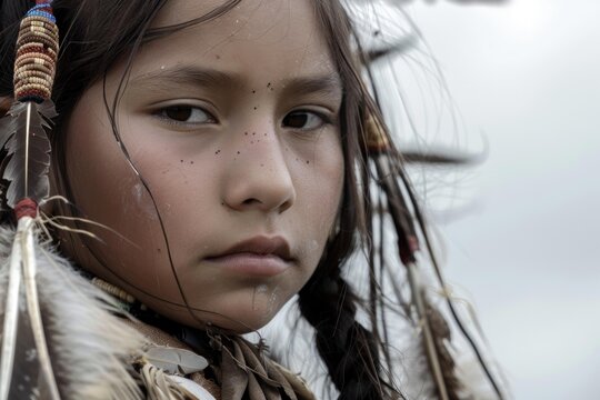 Portrait of a young indigenous girl with traditional clothing and feathers in her hair