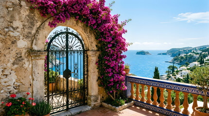 Fototapeta premium Beautiful mediterranean balcony with bougainvillea covered archway overlooking ocean.