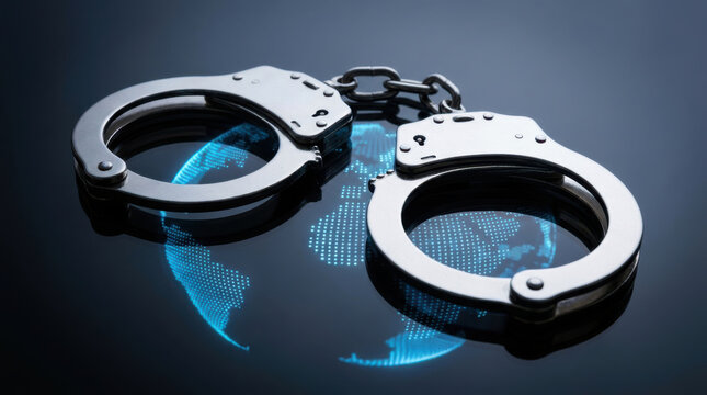 Handcuff on reflective dark surface with digital globe projection, symbolizing global security and law enforcement