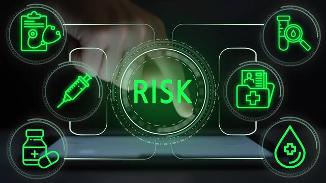 Futuristic Healthcare Risk Concept &ndash; Digital Interface with Medical Icons, Risk Management, Syringe, and Patient Records &ndash; Innovative Health Tech Safety Visualization
