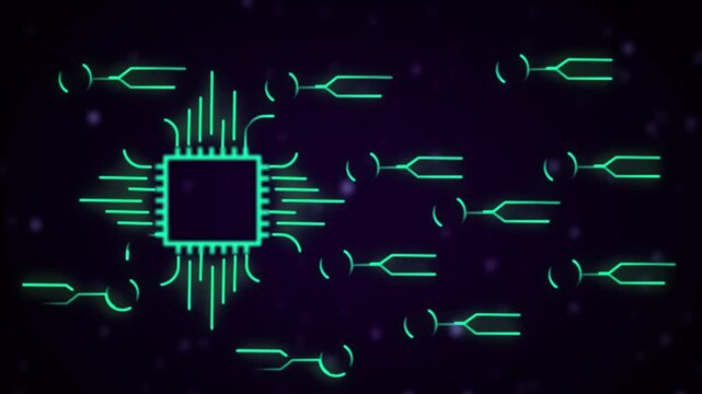 Futuristic Microchip and Digital Circuit Animation &ndash; Glowing Green Tech Processor with Flowing Data Lines &ndash; High-Tech AI, Computing, and Innovation Concept Visualization