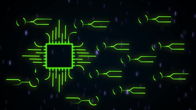 Futuristic Microchip and Digital Circuit Animation &ndash; Glowing Green Tech Processor with Flowing Data Lines &ndash; High-Tech AI, Computing, and Innovation Concept Visualization