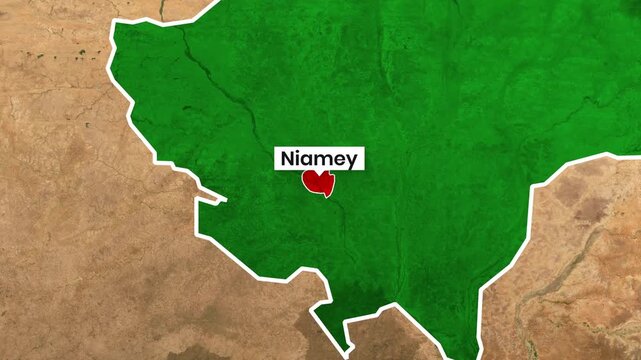 Animated motion map graphic highlighting Niamey, Niger with red marker