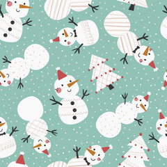 Naklejka premium Seamless winter holiday pattern featuring cute, smiling snowmen wearing red party hats and bow ties.