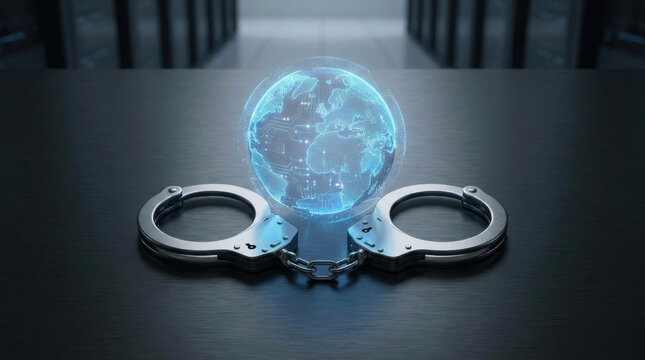 Handcuffs surrounding glowing digital globe on dark surface symbolizing global cybercrime and digital security threat