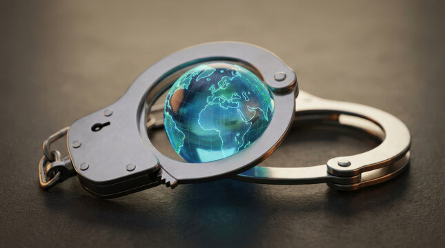 Handcuffs trapping glowing digital globe symbolizing global control and restriction concept