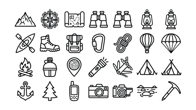 Collection of line icons for outdoor adventure and travel activities and equipment