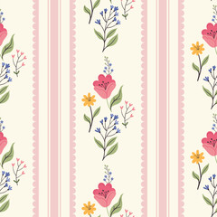 Fototapeta premium Seamless vector pattern featuring charming hand-drawn wildflowers and vertical stripes on a cream background.