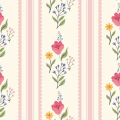 Coquette seamless pattern with vertical pink stripes and flowers on a cream background. © nafanya241