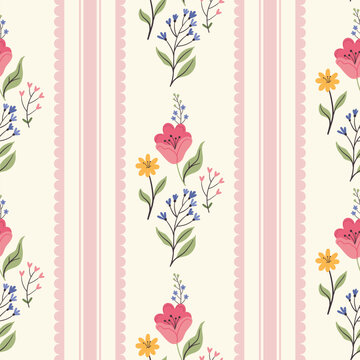 Coquette seamless vector pattern with charming hand-drawn wildflowers and vertical stripes on a cream background.