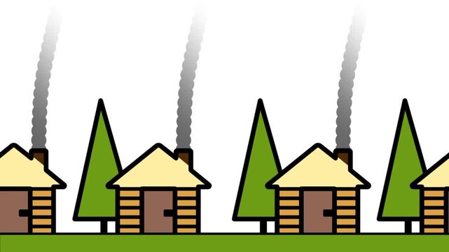 Village houses with gray smoke rising steadily from their chimneys surrounded by tall pine trees in flat vector icon style projects presentations