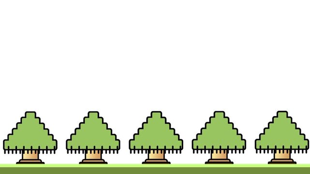 Row of small rounded green trees standing evenly spaced along a narrow strip of grass in flat vector icon illustration for projects presentations