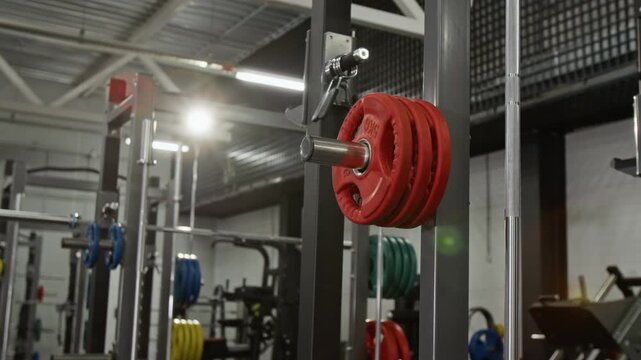 Red weight plates hanging on rack in empty modern gym, from low angle. Clip perfect for marketing fitness centers, gym memberships, or athletic training programs