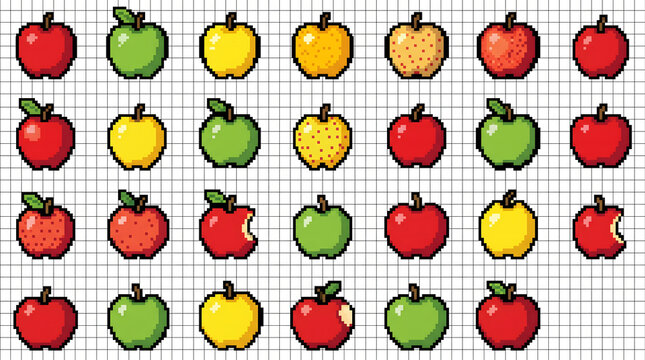 Collection of colorful pixel art apple icons in various states and fruit varieties