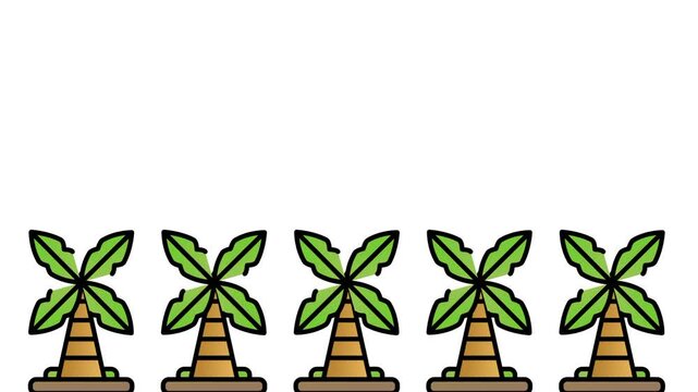 Row of gently swaying palm trees with curved brown trunks and green leaves in a flat vector icon illustration design modern digital presentations