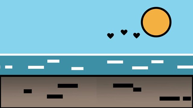 Beach scene showing layered ocean waves under a bright sun with small hearts floating above in flat vector icon style for templates presentations