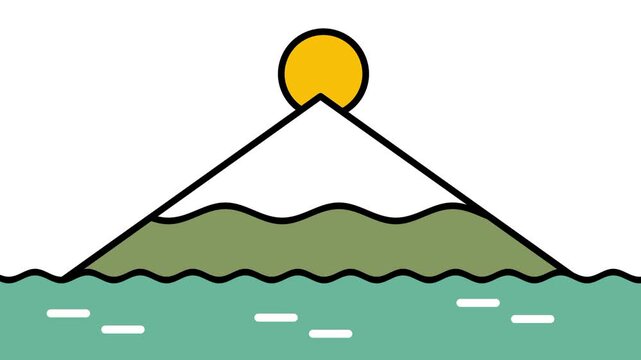 Snow capped mountain peak with the sun rising behind gentle teal ocean waves below in a flat vector icon style design for templates presentations
