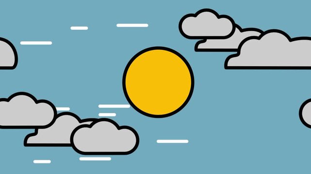 Cloudy blue sky scene with a bright sun partially hidden behind several fluffy gray clouds in flat vector icon illustration digital presentations