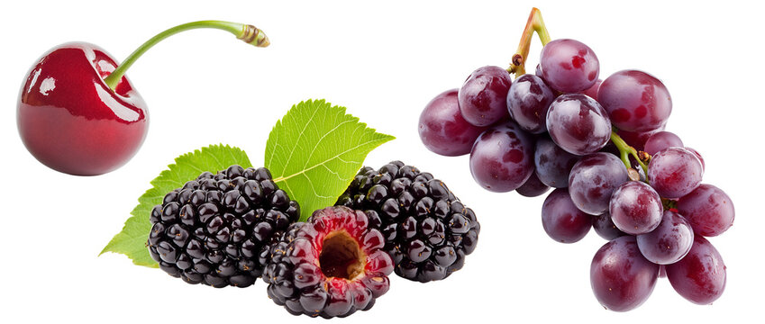 Fresh red cherry, ripe blackberries, and purple grapes isolated on transparent background