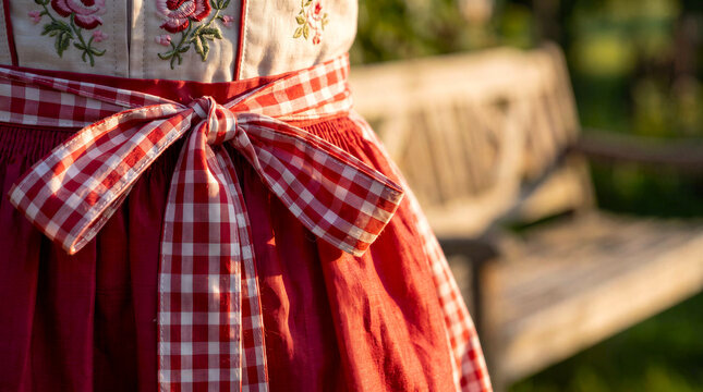 Close-up a neatly tied bow on a dirndl apron with long hanging ends. Bavarian folk costume detail for Oktoberfest celebration and German cultural heritage concept