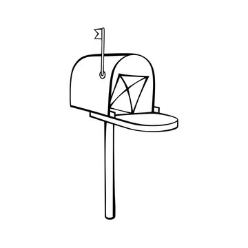 Open outdoor mailbox hand drawn line art vector illustration containing an envelope inside with a raised flag icon