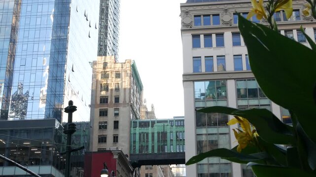 New York City Gimbels bridge, Manhattan Midtown, United States of America. Skybridge on Broadway, Herald Square, USA. Gimbels traverse on 6 avenue. Historic elevated walkway 1925, copper green patina.