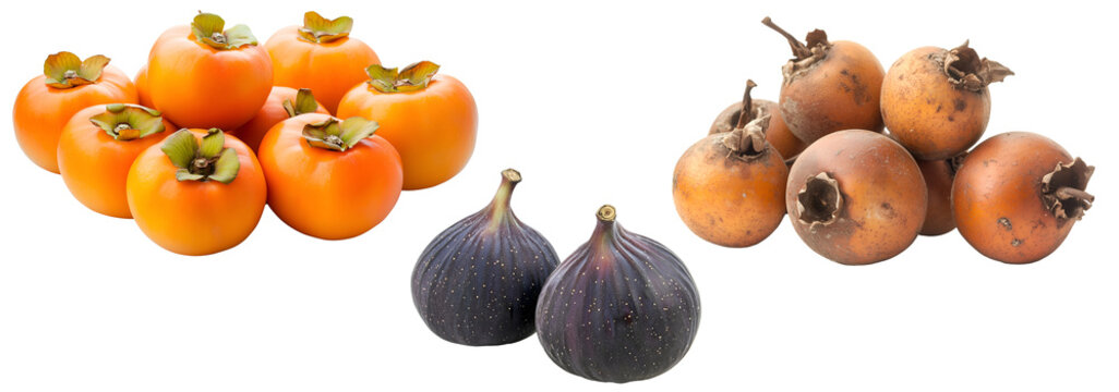 Fresh persimmons, ripe purple figs, and medlar fruits isolated on transparent background