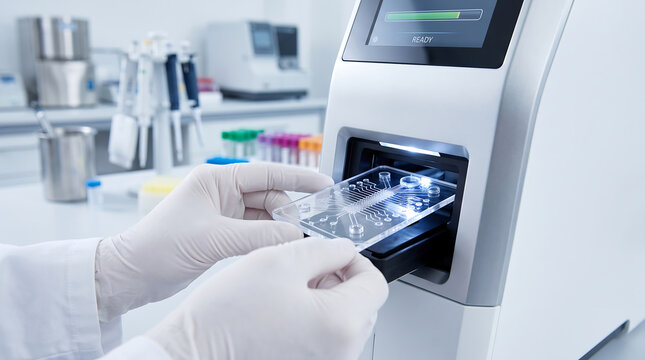 Scientist hands in white sterile gloves inserting transparent lab on a chip microfluidic cartridge into automated genetic analyzer machine in lab.