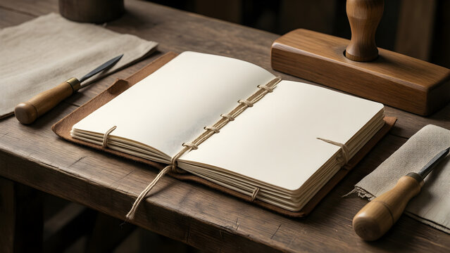 Traditional bookbinding tools beside a handmade blank book