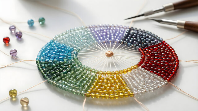 Colorful beadwork pattern arranged on a felt mat