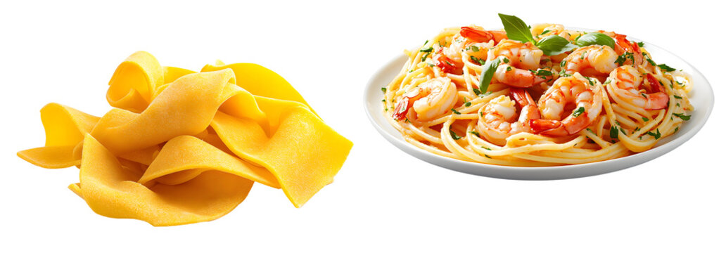 Raw pasta dough sheets and delicious shrimp spaghetti isolated on transparent background
