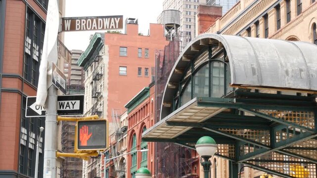 New York City old subway entrance, Franklin street and West Broadway, United States. American underground transport, Lower Manhattan Tribeca traffic. Metropolitan historic retro station, cast iron