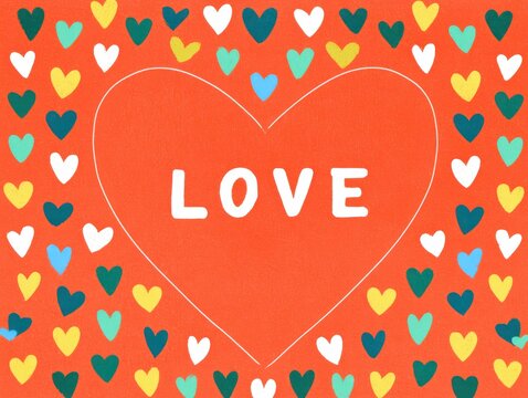 Colorful heart shape with love text surrounded by small hearts