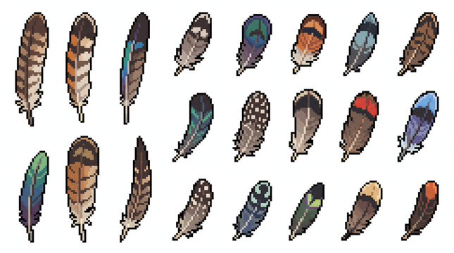 Collection of multicolored bird feathers in 8-bit pixel art style for nature game decoration