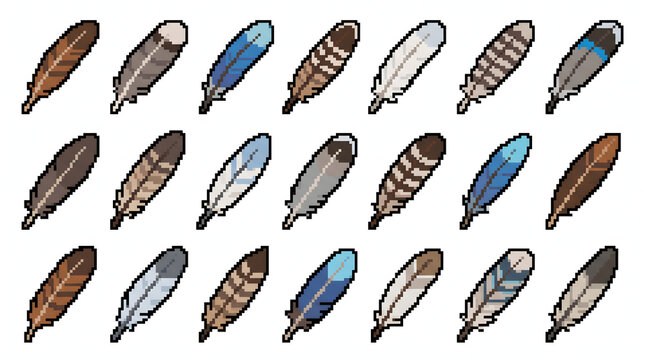 A diverse set of bird feathers rendered in retro pixel art style for gaming assets